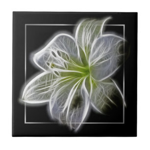 Azulejo De Cerâmica Arte Fractal de Lírio Branco Deslumbrante Preto