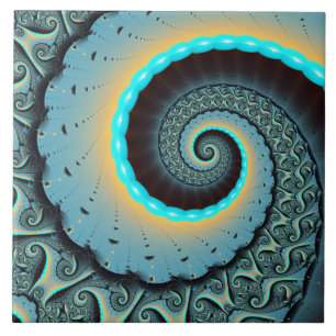 Azulejo De Cerâmica Arte fractal espiral abstrata azul-turquesa laranj