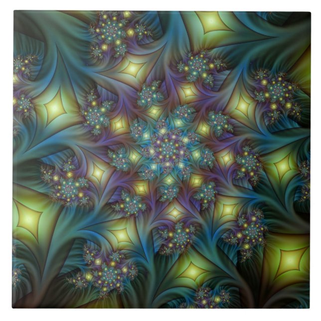 Azulejo De Cerâmica Arte Fractal Roxa Roxa Abstrato brilhante iluminad (Frente)