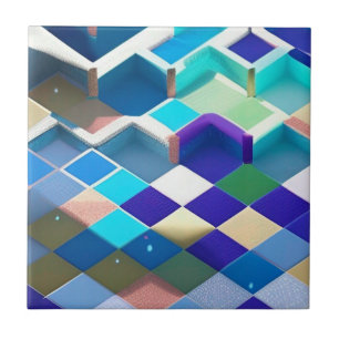 Azulejo De Cerâmica Arte geométrica do aqua verde-roxo azul quadrados