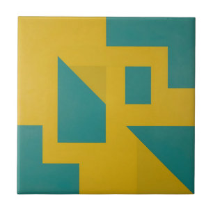 Azulejo De Cerâmica Arte Geométrico Abstrato Amarelo Azul-turquesa Ous