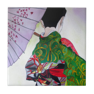 Azulejo De Cerâmica Arte japonesa Geisha com quimono e guarda-chuva