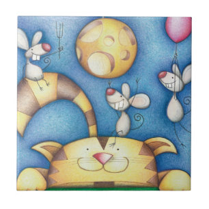 Azulejo De Cerâmica Arte Lunática de Gato e Rato Adorável na Lua