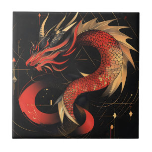 Azulejo De Cerâmica Arte Majestoso Dragão Chinês Vermelho e Dourado