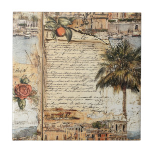 Azulejo De Cerâmica Arte Mediterrâneo Antigo com Palmeira e Letra