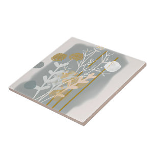 Azulejo De Cerâmica Arte minimalista botânica abstrata cinza e ouro