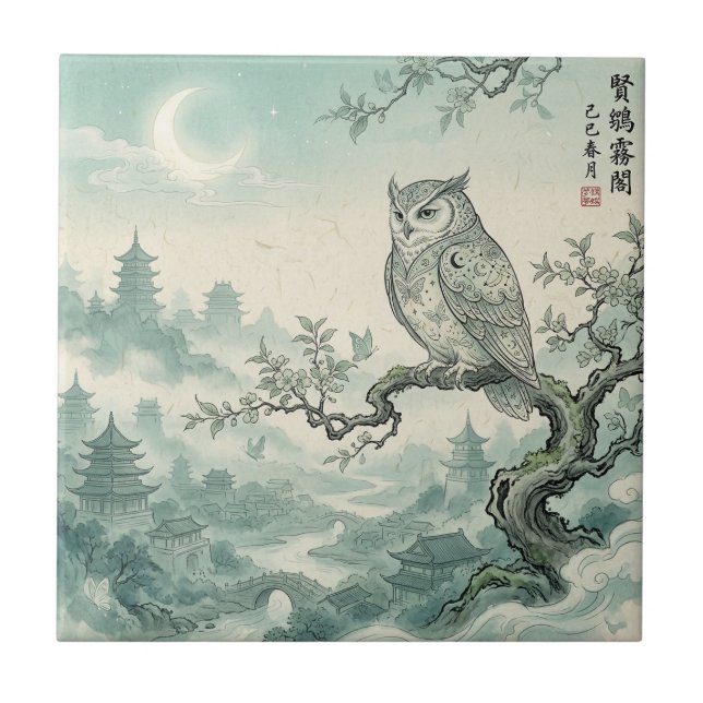Azulejo De Cerâmica Arte Mística da Lua da Coruja Paisagem (Frente)
