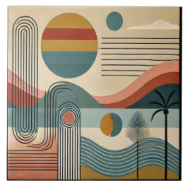 Azulejo De Cerâmica Arte Moderna de Meados do Século Pôr do Sol na Pra