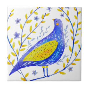 Azulejo De Cerâmica Arte Moderna de Pássaro Azul e Amarelo em Aquarela