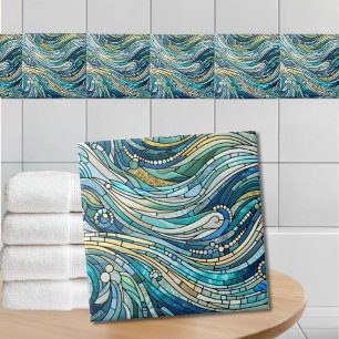 Azulejo De Cerâmica Arte Mosaico Azul Turquesa Ondas do Mar