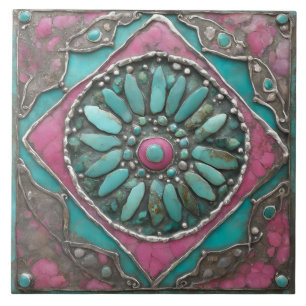 Azulejo De Cerâmica Arte Mosaico Mandala Boho Turquesa e Rosa