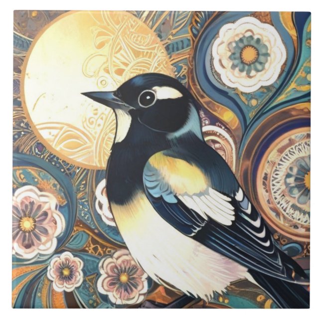 Azulejo De Cerâmica Arte Negra e Branca Deco Nouveau Flor (Frente)