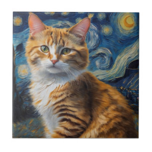 Azulejo De Cerâmica Arte noturna estrelada com um gato