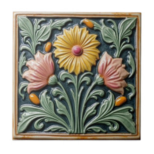 Azulejo De Cerâmica Arte Nova Antiga Artesanato Floral Majólica