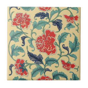 Azulejo De Cerâmica Arte Nova Antiga Chinoiserie Floral Vermelho Chinê