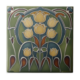 Azulejo De Cerâmica Arte Nova antiga floral de tulipas amarelas