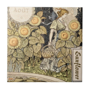 Azulejo De Cerâmica Arte Nova Antiga Jardim de Girassóis Mulher Grasse