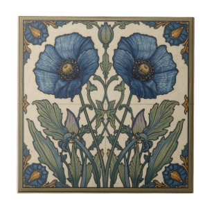Azulejo De Cerâmica Arte Nova Antiga Papoulas Azuis Floral 