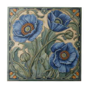 Azulejo De Cerâmica Arte Nova Antiga Papoulas Azuis Floral 