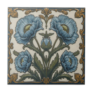 Azulejo De Cerâmica Arte Nova Antiga Papoulas Azuis Floral 