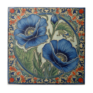 Azulejo De Cerâmica Arte Nova Antiga Papoulas Azuis Floral 