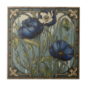 Azulejo De Cerâmica Arte Nova Antiga Papoulas Azuis Floral 