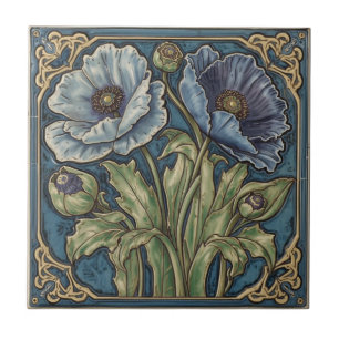 Azulejo De Cerâmica Arte Nova Antiga Papoulas Azuis Floral 