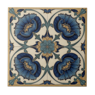 Azulejo De Cerâmica Arte Nova Antiga Papoulas Azuis Floral