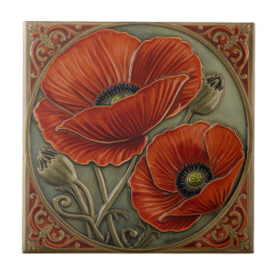Azulejo De Cerâmica Arte Nova Antiga Papoulas Vermelhas Floral