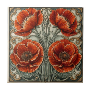 Azulejo De Cerâmica Arte Nova Antiga Papoulas Vermelhas Floral 
