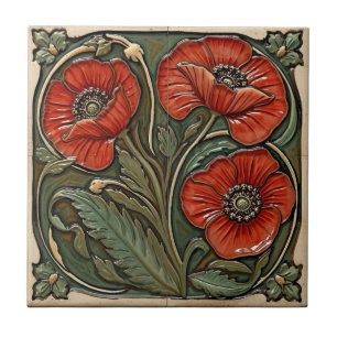 Azulejo De Cerâmica Arte Nova Antiga Papoulas Vermelhas Floral