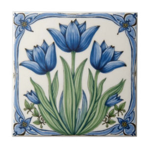 Azulejo De Cerâmica Arte Nova Antiga Tulipas Azuis Floral