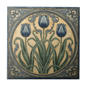 Azulejo De Cerâmica Arte Nova Antiga Tulipas Azuis Floral 