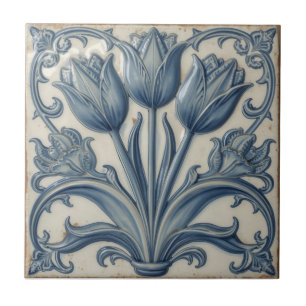 Azulejo De Cerâmica Arte Nova Antiga Tulipas Azuis Floral 