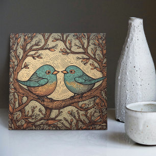 Azulejo De Cerâmica Arte Nova Azul Desbotado Amor de Pássaros Vintage