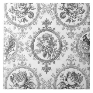 Azulejo De Cerâmica Arte Nova Elegante em Preto e Branco de Pássaro Mo