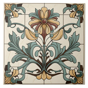 Azulejo De Cerâmica Arte Nova Floral em Verde Água e Ocre
