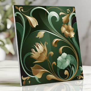 Azulejo De Cerâmica Arte Nova Floral Esmeralda e Ouro Elegante
