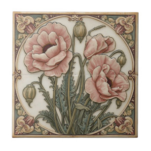Azulejo De Cerâmica Arte Nova vintage papoulas cor-de-rosa Floral