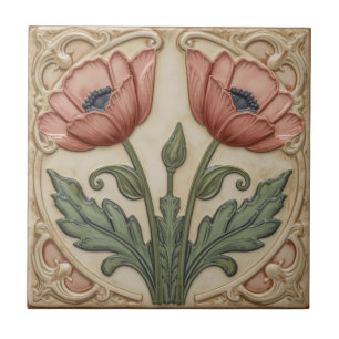 Azulejo De Cerâmica Arte Nova vintage rosado Papoulas Floral