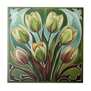 Azulejo De Cerâmica Arte Nova vintage Tulipas Florais amarelas