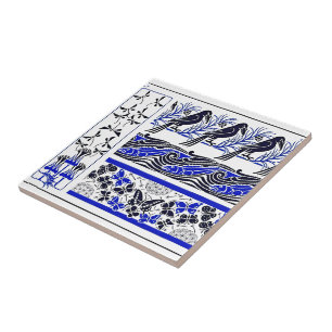 Azulejo De Cerâmica arte padrão de borboleta peixe pássaros azul e pre