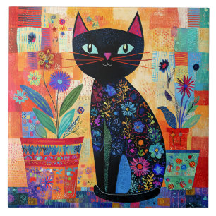 Azulejo De Cerâmica Arte Popular de Gato Preto
