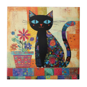 Azulejo De Cerâmica Arte Popular de Gato Preto