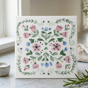 Azulejo De Cerâmica Arte Popular Floral Decorativa Rosa, Verde e Azul