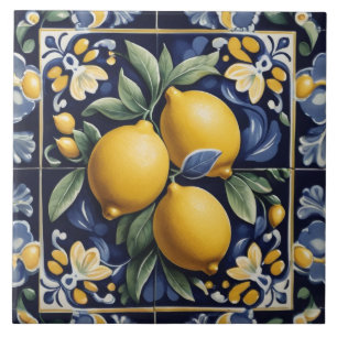 Azulejo De Cerâmica Arte Popular Italiano de Limão Azul-Marinho Escuro