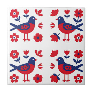 Azulejo De Cerâmica Arte Popular Padrão Floral Pássaro Azul Vermelho
