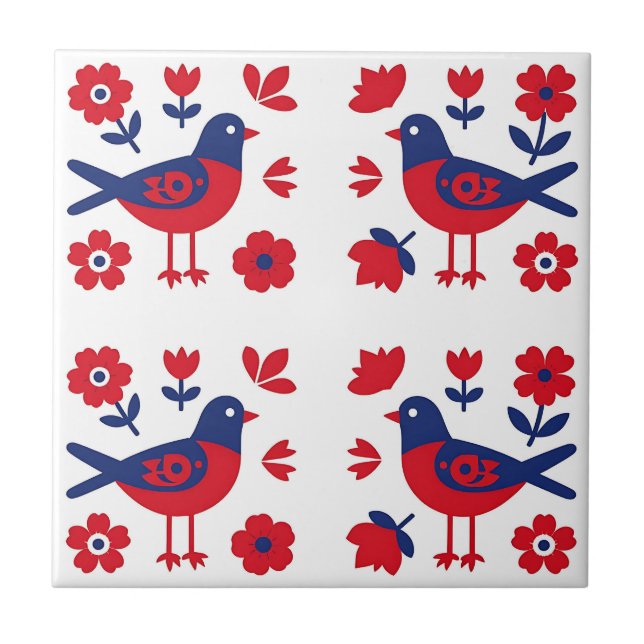Azulejo De Cerâmica Arte Popular Padrão Floral Pássaro Azul Vermelho (Frente)