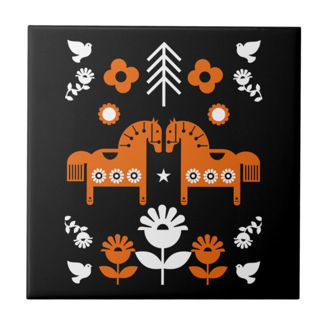 Azulejo De Cerâmica Arte popular sobre cavalos escandinavos (Frente)