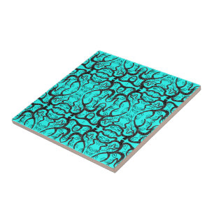 Azulejo De Cerâmica Arte Preta e Turquesa - Personalizável - Adiciona